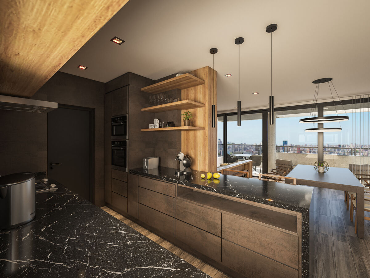Cocina con isla de mármol