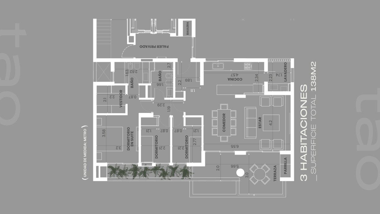 Planta tipo 3 habitaciones — 138 m²